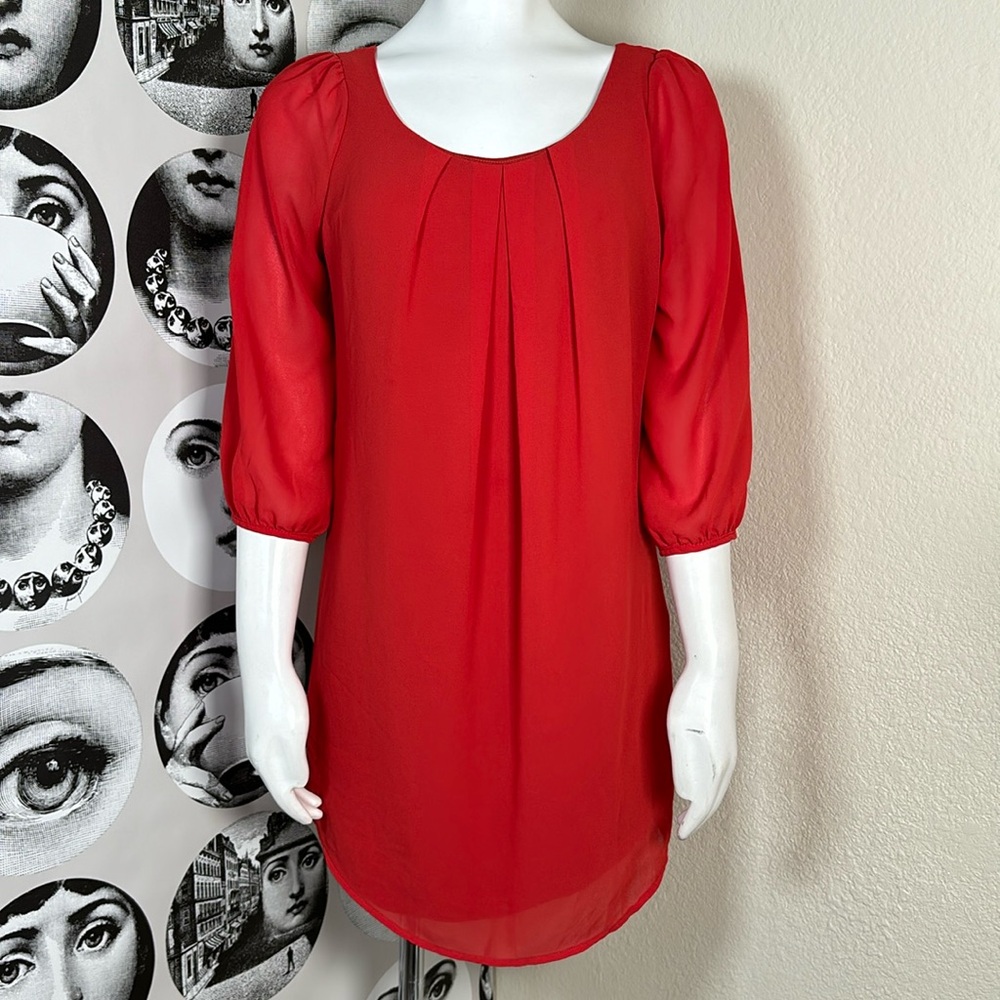 Millibon Red Orange Crepe Tunic Top w/ Sheer 3/4 Sleeves, Sz S